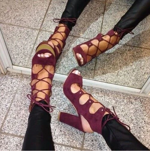 Luxury Brand Wine Red Suede Chunky Heel Sandals Lace-up Open Toe Exposed Heels Gladiator Dress Shoes Thick High Heel Pumps Luxury Brand Wine Red Suede Chunky Heel Sandals Lace-up Open Toe Exposed Heels Gladiator Dress Shoes Thick High Heel Pumps
