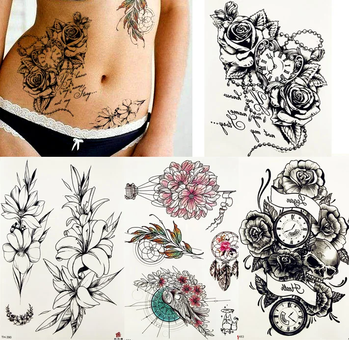 

FANRUI Sexy Rose Peony Flower Pocket Watch Temporary Tattoo Sticker Body Art Waist Back Black Tattoos Love Henna Fake Tatoo