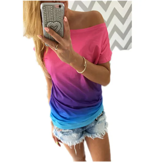 

Tops Women Print Casual Female Hot Gradual Change New Summer Rainbow T Shirt Off The Sholuder Rainbow Printed Color Women T-shit