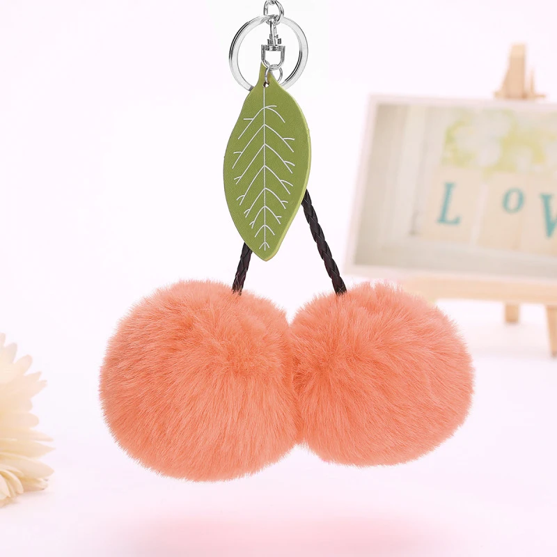 2017 New Arrival Cherry Keychain Natural Rabbit Fur Silver KeyRing Women Double Ball Pompon Key Chain Phone Bag Pandent Female | Украшения