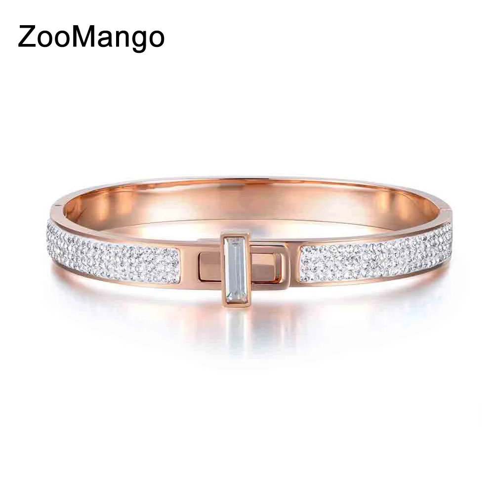 

ZooMango Luxury Pave Setting Rhinestone Bangles Bracelets Rose Gold Stainless Steel CZ Crystal Wedding Bangle For Women ZB17051