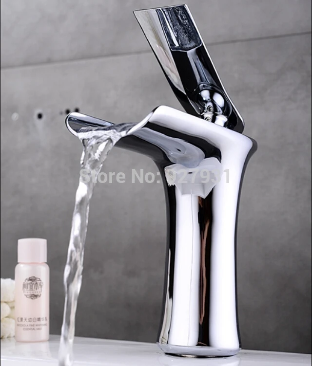 Elegant Deck Mount Brass Waterfall Bathroom Sink Basin Faucet Single Handle Vanity Sink Mixer Tap