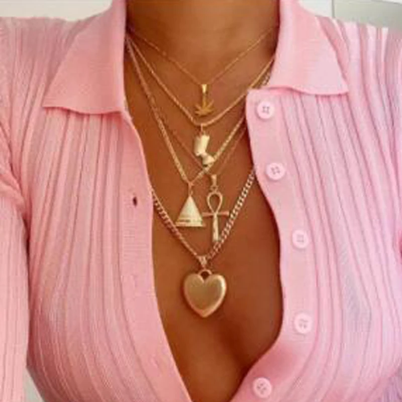 

Tocona Metal Punk New Large Gold Heart Cross Triangle Coconut Tree Multiple Layers Pendant Necklace Beach Jewelry Gift 7106