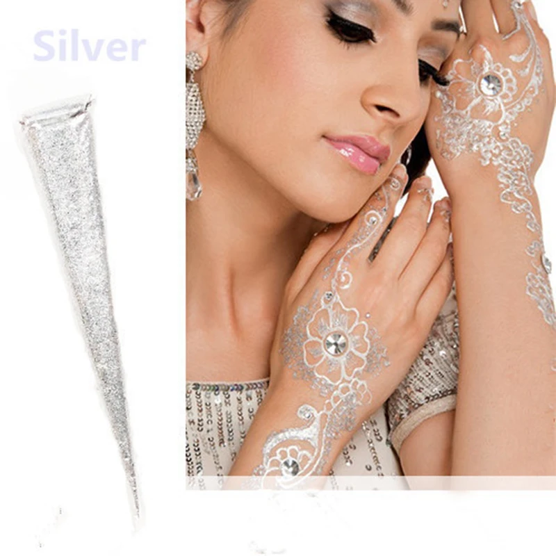 

Indian henna paste cones metallic/silver white glitter mehndi laser powder cream for wedding bridal party body art painting