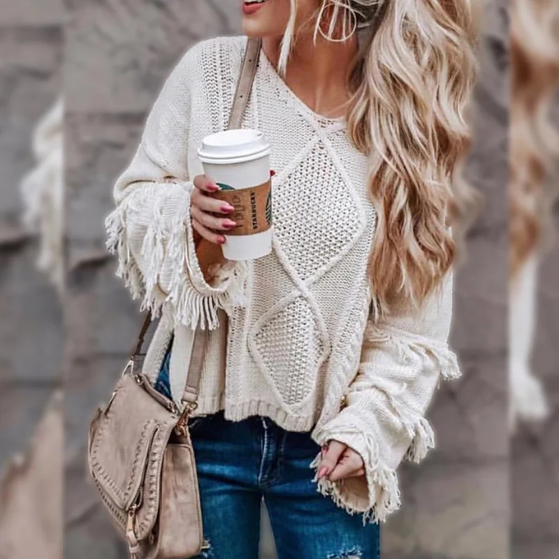 

HOT 2020 Spring autumn Europe United States Casual pullover lady girls V-neck woman loose tassel sweater dress sweater coat