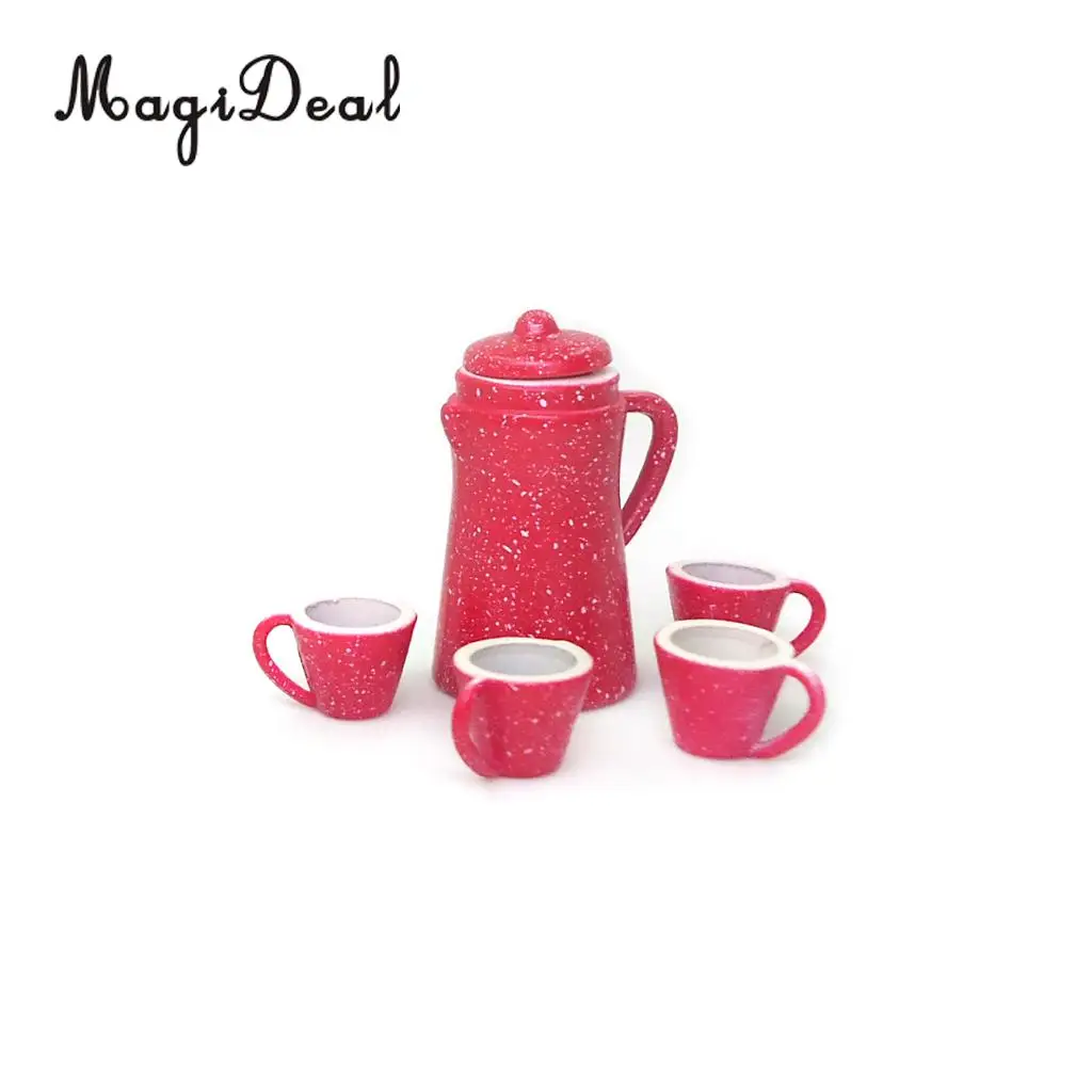 5Pcs/Set 1:12 Dollhouse Miniature Red Porcelain Pot Kettle Cups Coffee Tea Milk Set Restaurant Kitchen Tabel Decor Model Toy