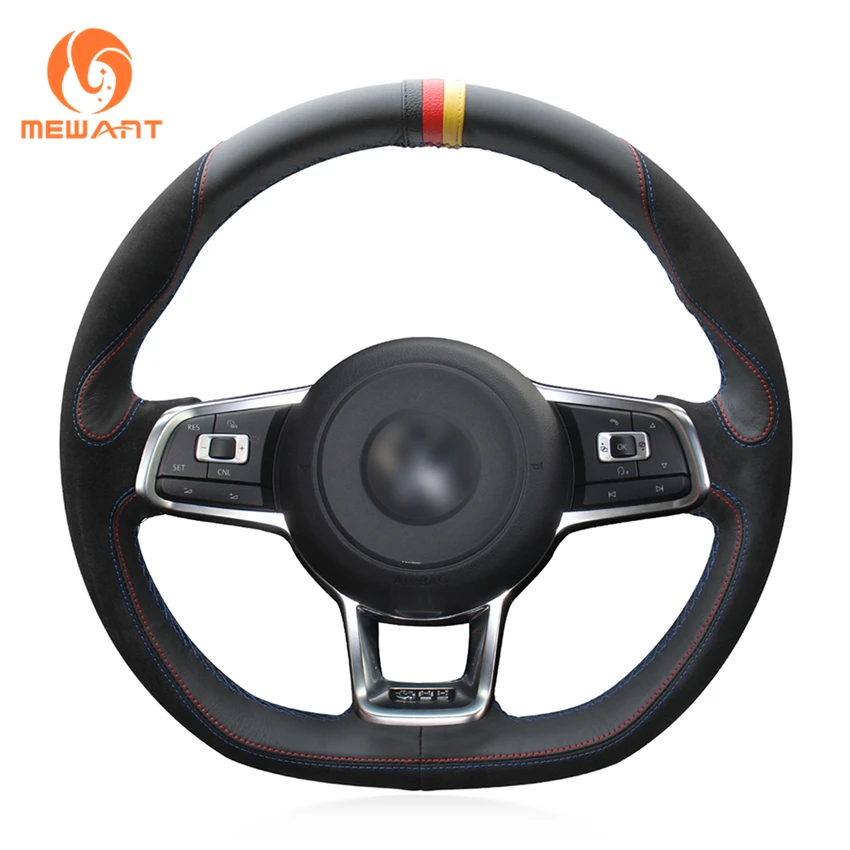 MEWANT Black Leather Suede Car Steering Wheel Cover for Volkswagen Golf 7 GTI Golf R MK7 VW Polo