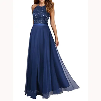 

Simple Navy Blue A-line Bridesmaid Dresses Glamorous Sexy Halter Backless Lace Party Wear Dress Custom Made Women's Prom Gowns