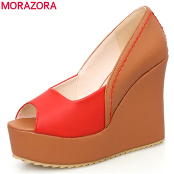 

MORAZORA 2019 wedges pumps women shoes peep toe mixed color wedge high heel shoes ladies summer fashion platform shoes size 43
