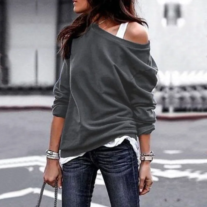 Oblique Collar Sexy Sweatshirt Pullover Off shoulder Loose Hoodie High