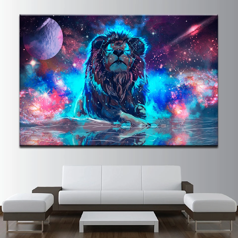 Wall Art Decor Framework Canvas Prints Paintings 5 Pieces Color Abstract Nebula Lion Constellation Poster Pictures Living Room