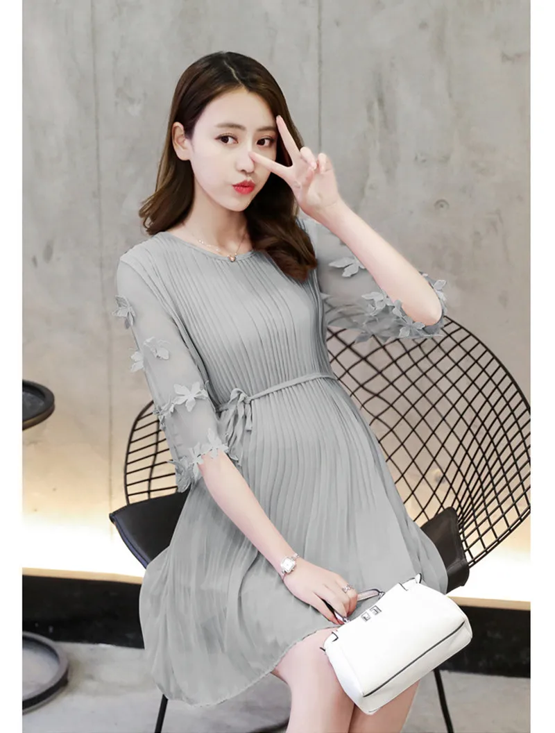Maternity Women Chiffon Sheer Pleated Dress 3D Flower Half Sleeve Chic Cute Pregnancy Tops Summer Style Pink Black Gray Dress  (1)