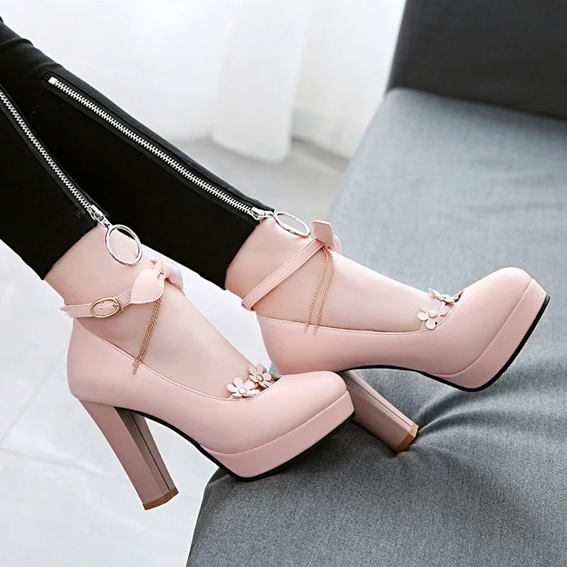 Rimocy women's super high heels lovely floral strap pumps 2019 new spring fashion thick platform pink bowtie shoes woman lolita