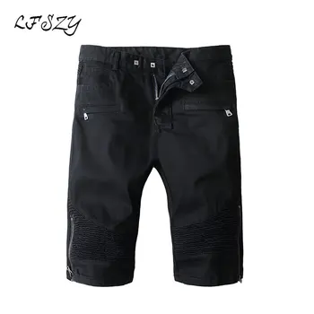 

2019 New Men's Modis White Pleated Slim Stretch Denim shorts Men's Large Pocket Straight Five Shorts Biker jeans More size XL