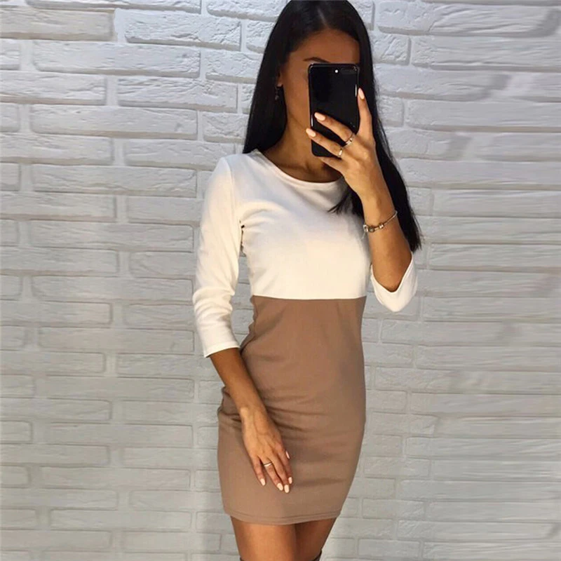 Women Color Block Dress Casual O Neck Bodycon Dress Contrast Color Stitching Seven-Point Sleeves Slim Slimming Casual Dress