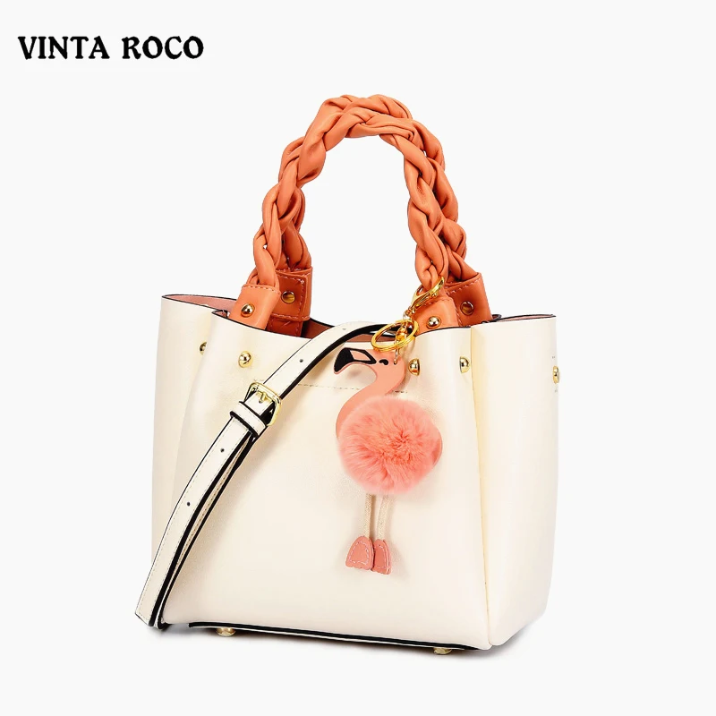 

Fashion Flamingo Genuine Cow Leather Crossbody Shoulder Bag Women Large Capacity Bucket Tote With Adjustable Strap For Ladies
