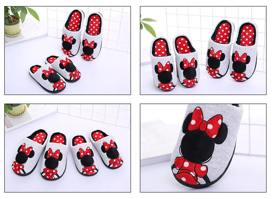 Детские тапочки; хлопковая обувь с рисунком мышки; домашняя одежда для маленьких девочек; мягкие Нескользящие резиновые утепленные тапочки для родителей