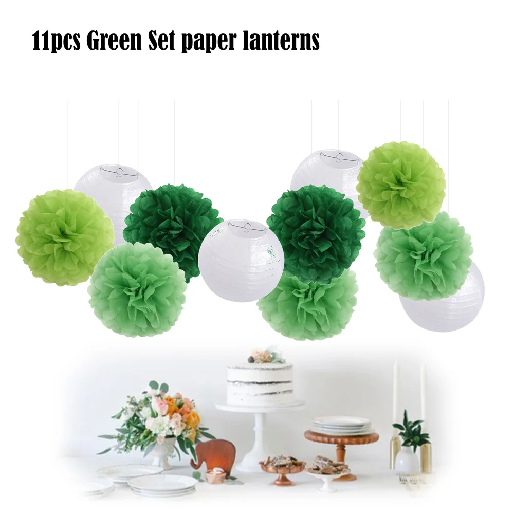 

11pcs/set Green Set Summer Theme Party Decorative 8" White Round Hanging Paper Ball lanterns 10" 25cm Tissue Decoration Pom Pom