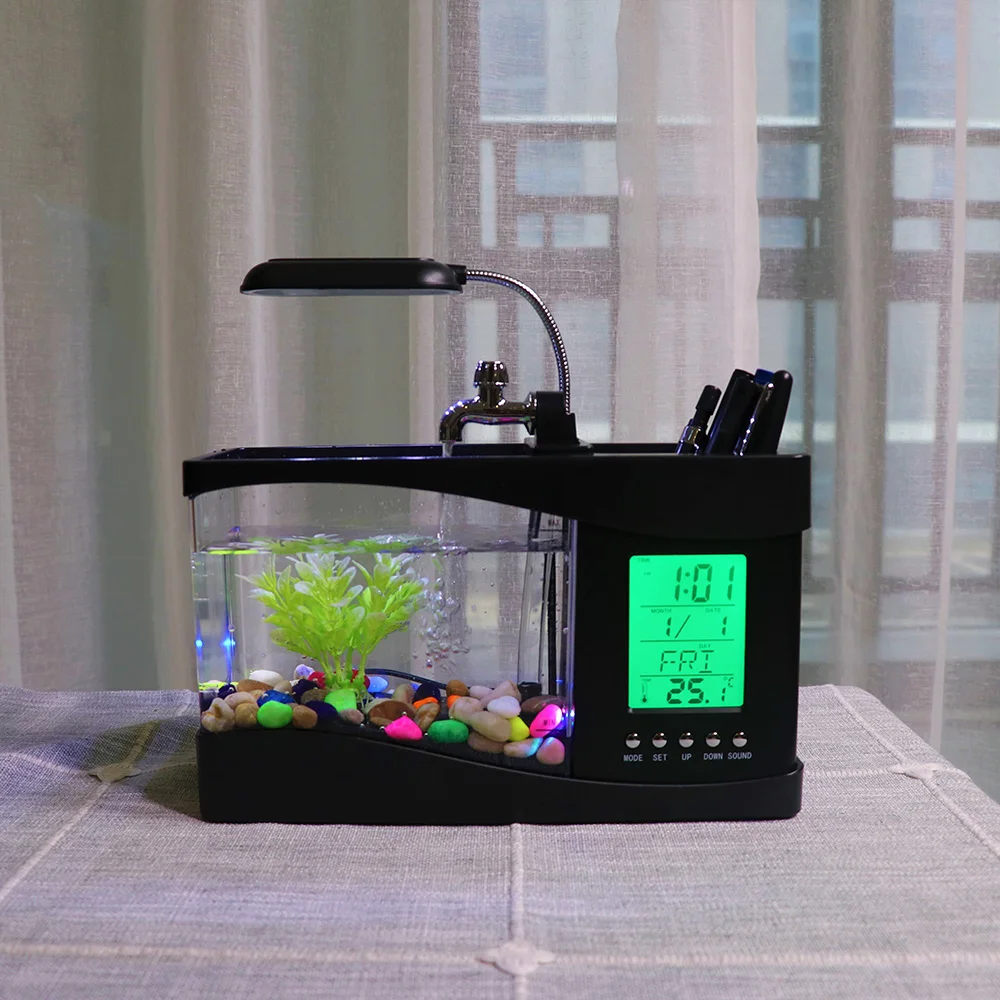 Мини аквариумный аквариум аквариумный Повседневный успокаивающий USB аквариум с светодиодный светильник ЖК-дисплей экран и часы аквариум D45