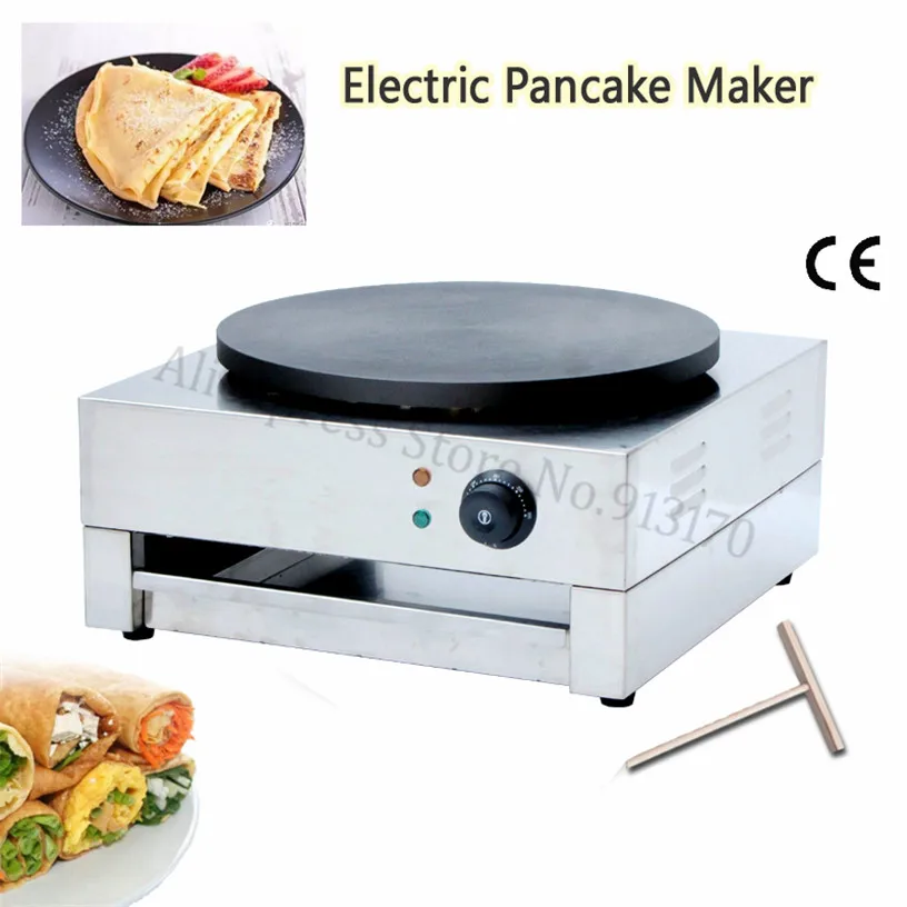 Stainless Steel Electric Crepe Maker Griddle Pizza Pancake Making Machine  40cm Nonstick Round Pan Wood Spreader