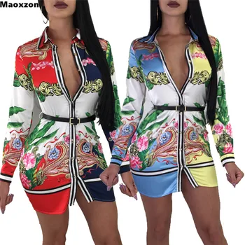 

Maoxzon Women Print Fashion Long Blouses Shirts For Female Spring Long Sleeve Open Stitch Sexy Loose Shirt Tops 3XL Without Belt