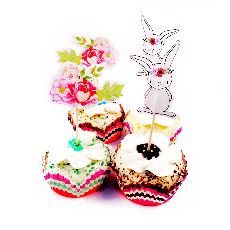 24 шт. милые белые цветы кролика украшения для кексов Дети День рождения Свадебные товары для украшения торта Пасхальный кролик Пион Роза