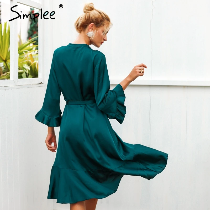 Simplee Elegant women satin dress Ruffle flare sleeve lady wrap dress 2019 Autumn winter green sexy female dress vestidos festa