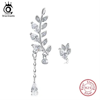 

ORSA JEWELS Real 925 Sterling Silver Women Stud Earrings Leaf Shape With Clear AAA Cubic Zircon Long Earring Jewelry 2019 OSE06