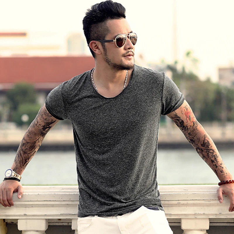 

Summer New Men's Short Sleeve Casual Cotton Solid V Neck T-shirt Men European Style Slim Breathable Fashion Brand T Shirt T396