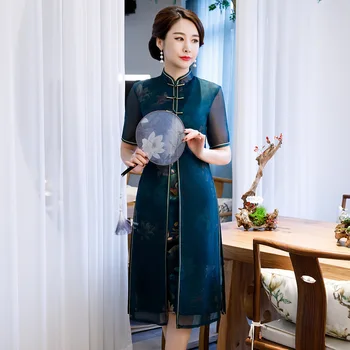 

Plus Size 3XL 4XL Chinese Traitional Style Women Rayon Print Qipao Elegant Slim Dress Short Sleeve Stage Show Cheongsam