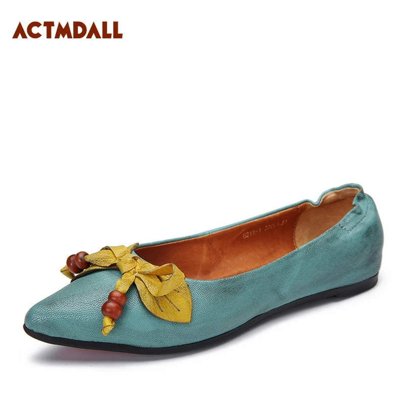 

2019 spring and summer flat shoes women soft bottom casual pointed ladies flats shallow genuine leather handmade shoes nation