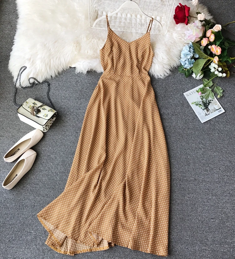 

Women Beach Seaside Holiday Dot Print Casual Dress Bohemian Long Summer Sleeveless Vestidos G372