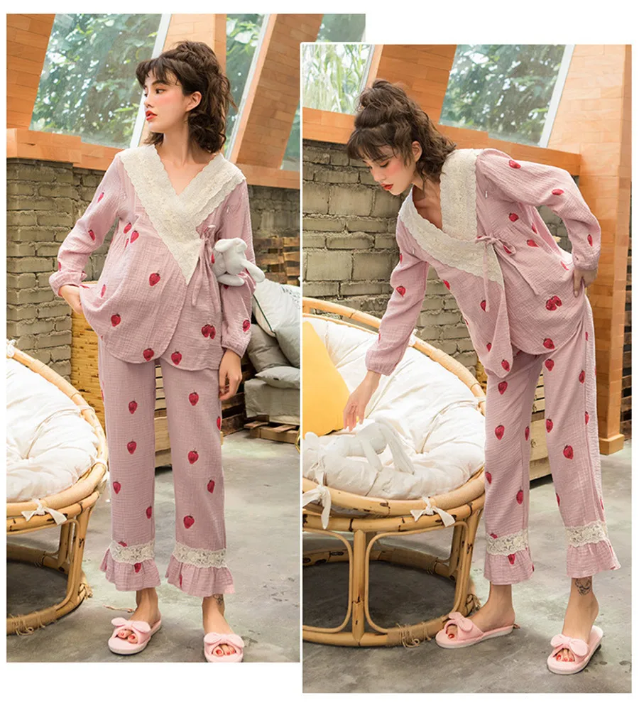 Пижамы для беременных, 2 шт., хлопковые пижамы с принтом клубники и длинными рукавами, комплекты одежды для кормящих, кружевные пижамы для