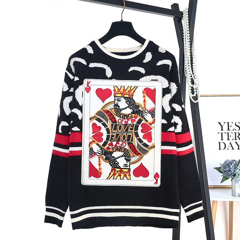 High Quality Autumn Women Poker Printed Sweaters Long Sleeve Casual