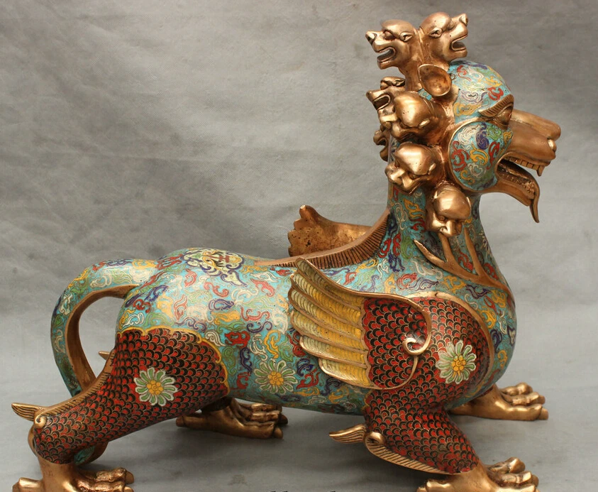 

USPS to USA S1707 22" FengShui Chinese Cloisonne Bronze 9 Head Beast Unicorn Kylin Lion Statue B0401