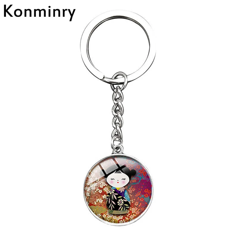 

Konminry Long Keychain Round Glass Pendant Kokeshi Dolls Cute Key Chain Art Japan Pattern Keyring For Girl Women Men Jewelry