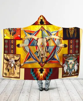 

Plstar Cosmos Birds Feather/Native/Buffalo Head Motifs Hooded Blanket 3D full print Wearable Blanket Adults men women style-7