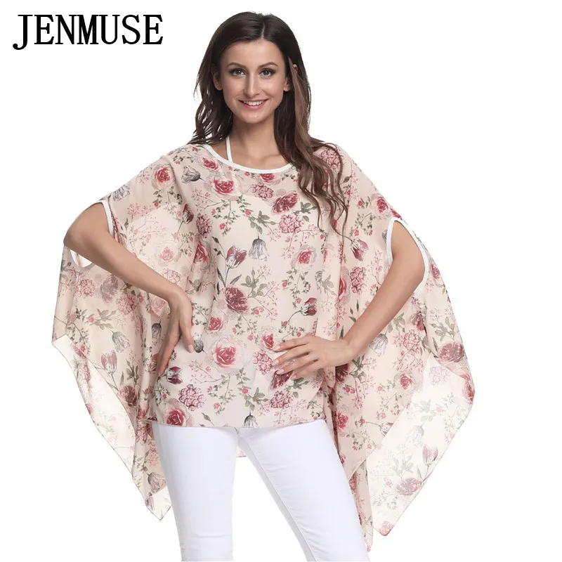Jenmuse летняя блузка рубашка стиль принт с красными розами Boho шифоновая женская блузка рукав «летучая мышь» Повседневные Топы Рубашки Блузы