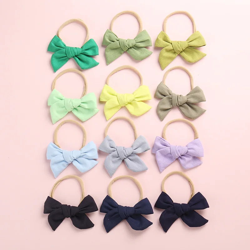 

20 Colors Hand Tied Cotton Linen Hair Bow Nylon headband, School Girl Bow Headbands Hair Accessory