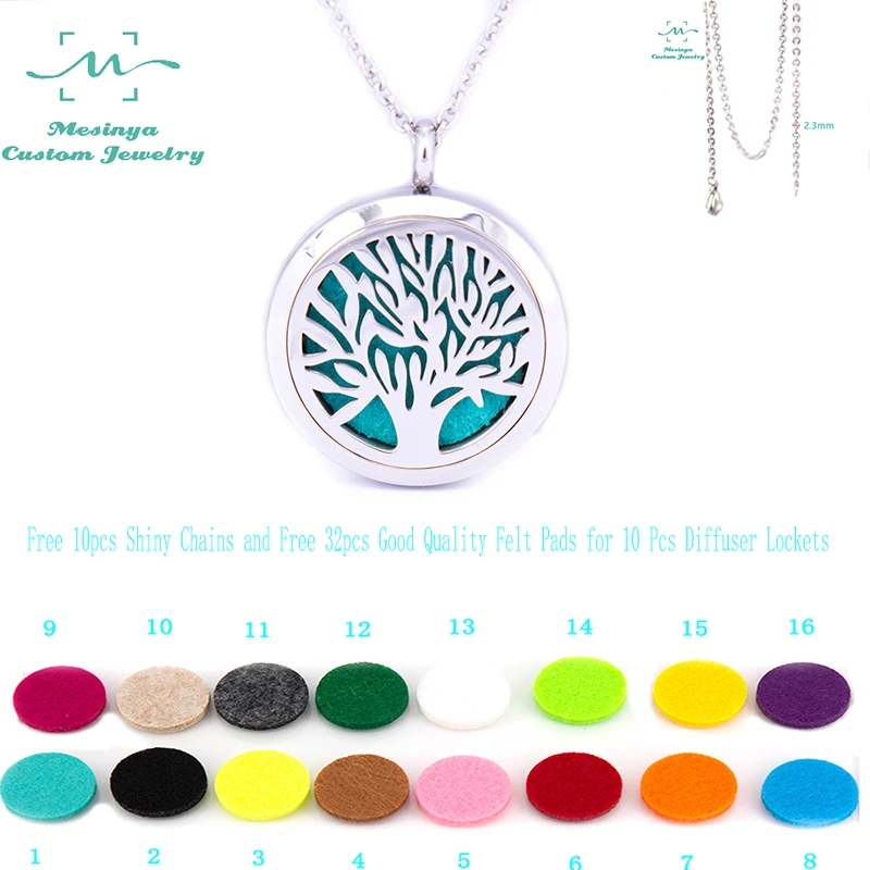 

With Shiny Chain! 10pcs mesinya family tree Aromatherapy / Essential Oils surgical Stainless Steel Diffuser Locket Necklace