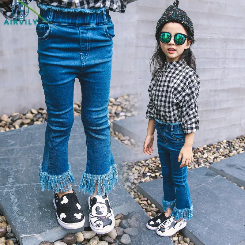Spring Solid Tassel Flare Pants Baby Girl Jeans Fashion Boot Cut
