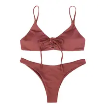 3 Colors Women Sexy Two Piece Bikini Set Deep Scoop Neck Metal Hole Criss Cross Drawstring Bandage Bra Low Waist Thong Solid Col 3 Colors Women Sexy Two Piece Bikini Set Deep Scoop Neck Metal Hole Criss Cross Drawstring Bandage Bra Low Waist Thong Solid Col