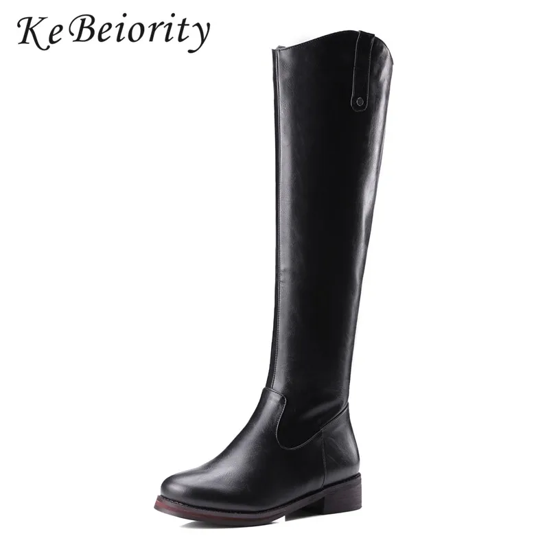 Kopen KEBEIORITY Mode Lange Laarzen Vrouwen Lente Herfst Lage Hakken Ronde teen PU Leather Laarzen Vrouwelijke Bruin Martin laarzen