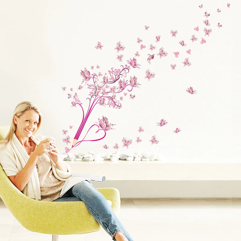 Flowers Wall Stickers Mural Home Decor Pink Tree and 3D Strawberry Butterflies