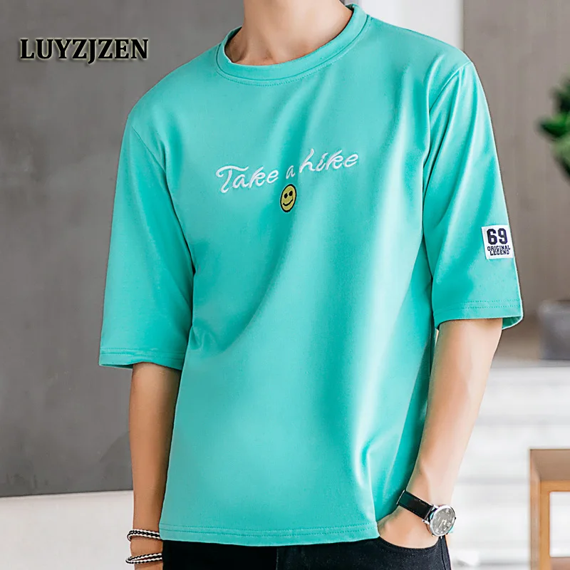 

LUYZJZEN 2019 New Summer Brand Shirt Men Fashion Solid Color Trend O-Neck Tees Mid Sleeve Loose Thin Cotton Shirt Male Tim K135