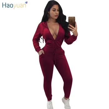 

HAOYUAN Velvet 2 Two Piece Set Women Zip Tops+Bodycon Pants Suits Casual Autumn Winter Outfits Matching Sets Velour Tracksuits