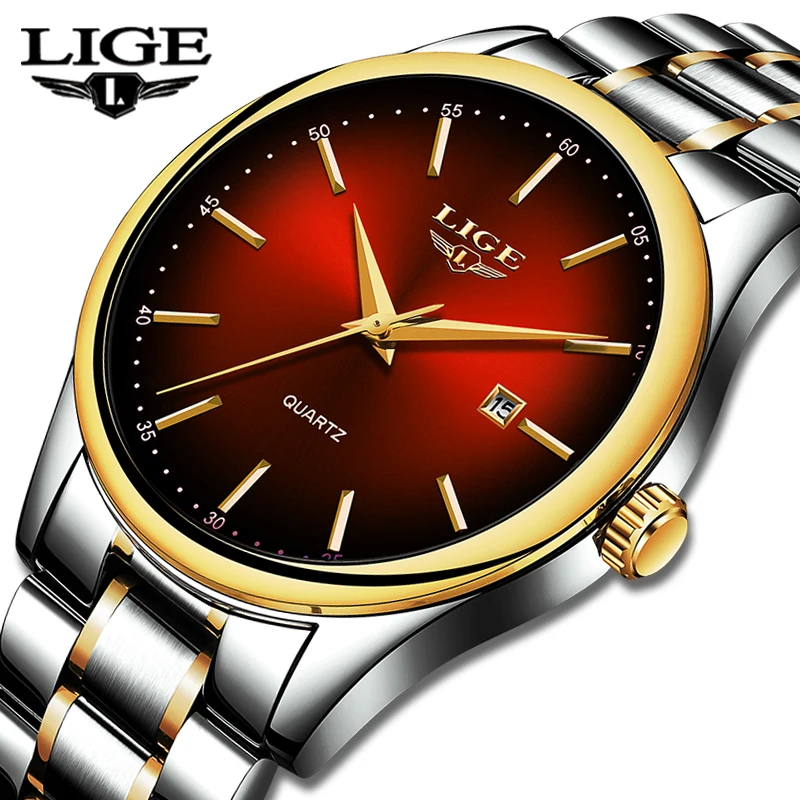 

LIGE Top Brand Luxury Men Watch Gold Stainless Steel Waterproof Watch Sport Quartz Mens WristWatch Clock Relogio Masculino Saat