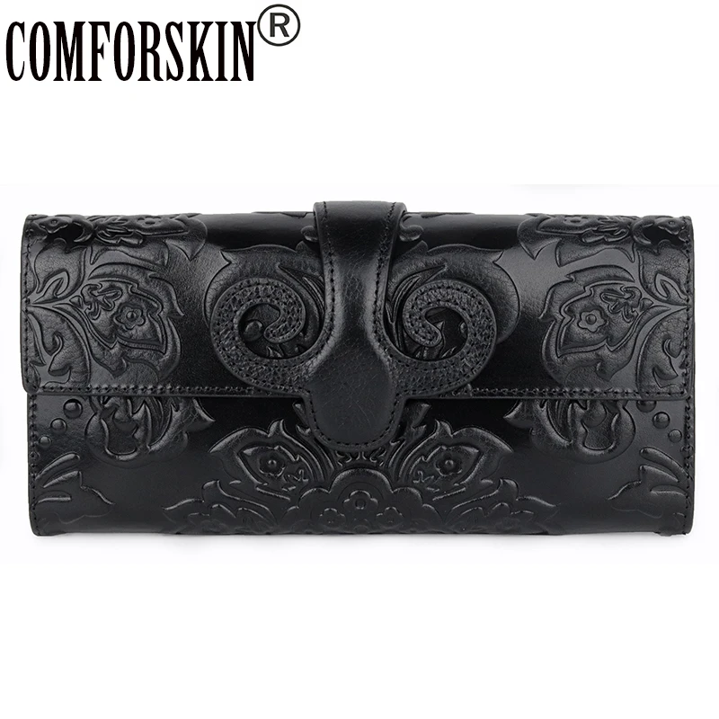 

COMFORSKIN Cowhide Leather Retro Unique Embossed Floral Woman Purse Famous Brand Long Cover Style Large Capacity Women Wallets