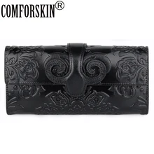 COMFORSKIN Cowhide Leather Retro Unique Embossed Floral Woman Purse Famous Brand Long Cover Style Large Capacity Women Wallets COMFORSKIN Cowhide Leather Retro Unique Embossed Floral Woman Purse Famous Brand Long Cover Style Large Capacity Women Wallets