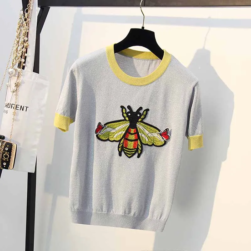 Брендовые новые летние футболки с сияющим люрексом и вышивкой пчелы, женские дизайнерские вязаные топы, 3 цвета, красивый топ для всех, SY1990 - Цвет: Light gray